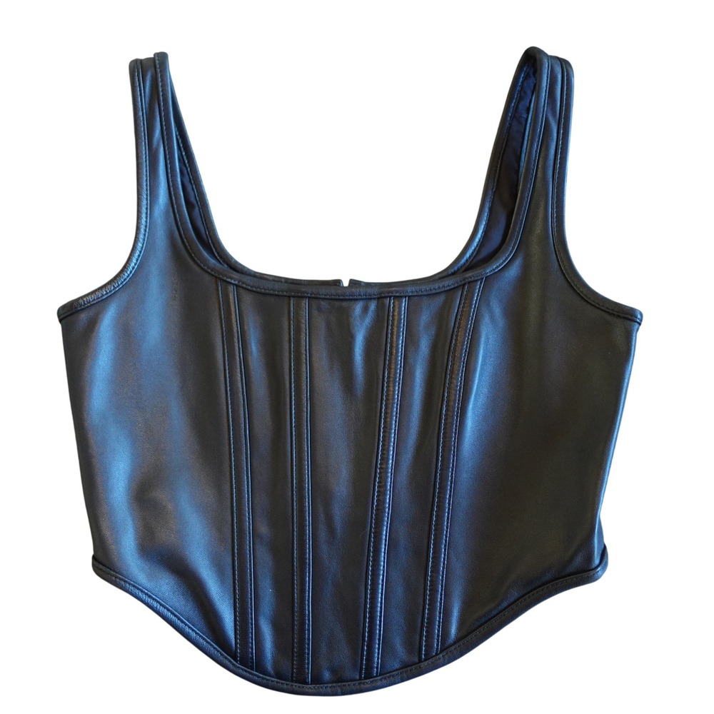 Revolve Ena Pelly Black Genuine Leather Bustier Corset Crop Top 2 Boning Edgy